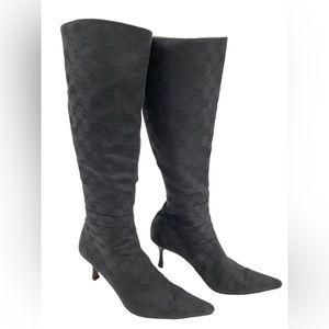 Gucci Black GG Monogram Knee-High Pointed-Toe Boots